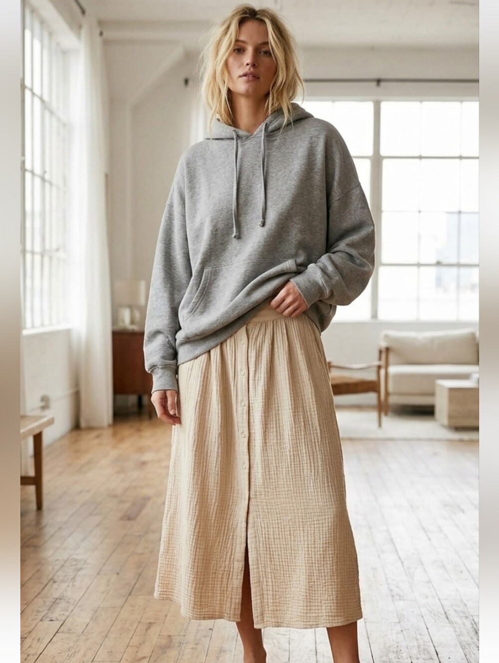 Marled Button-Front Maxi Skirt